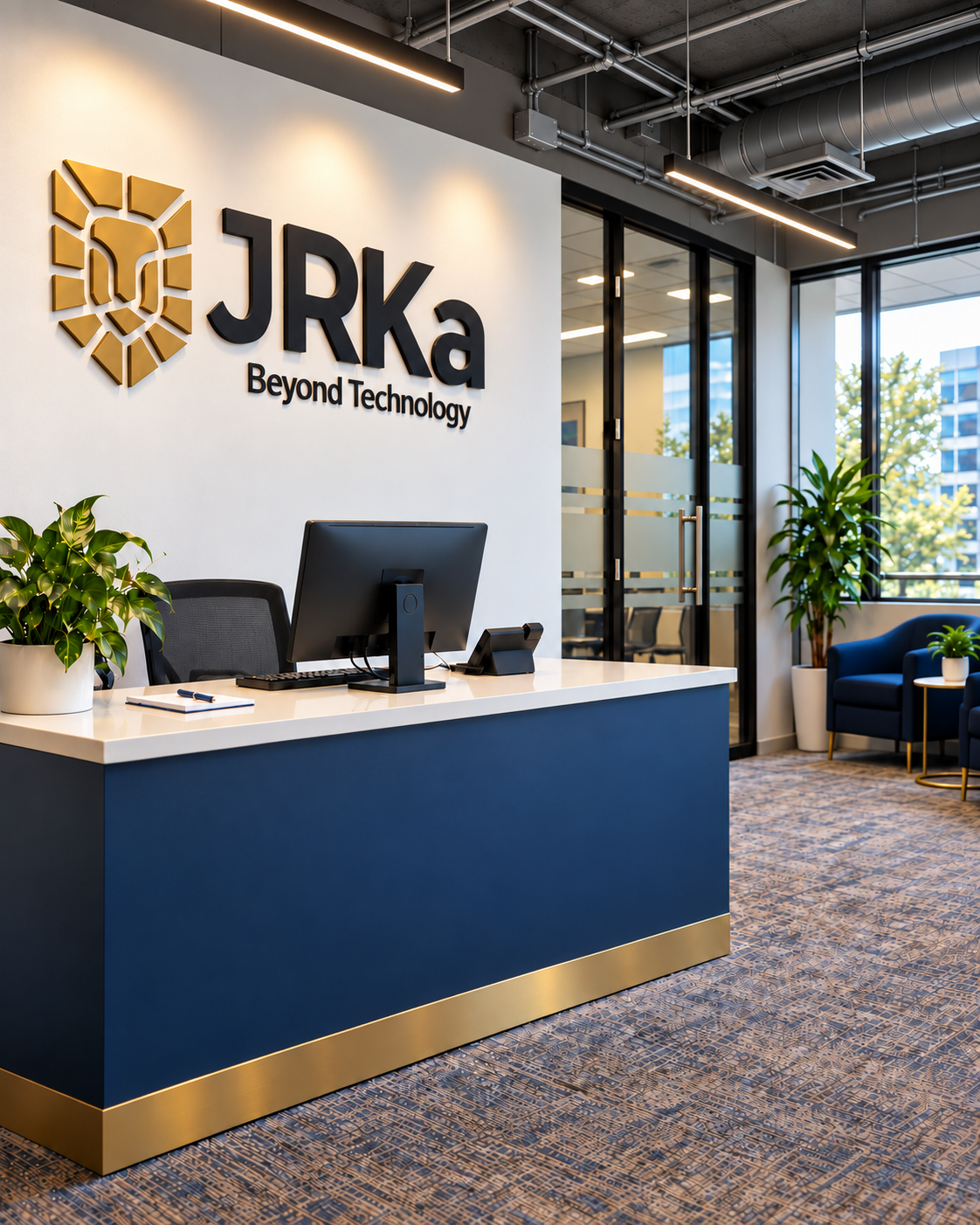 Imagem institucional JRKa com recepção em azul e dourado